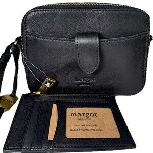 Margot Compact Crossbody Black Leather Bag & Wallet Brass Zippers Pockets NEW